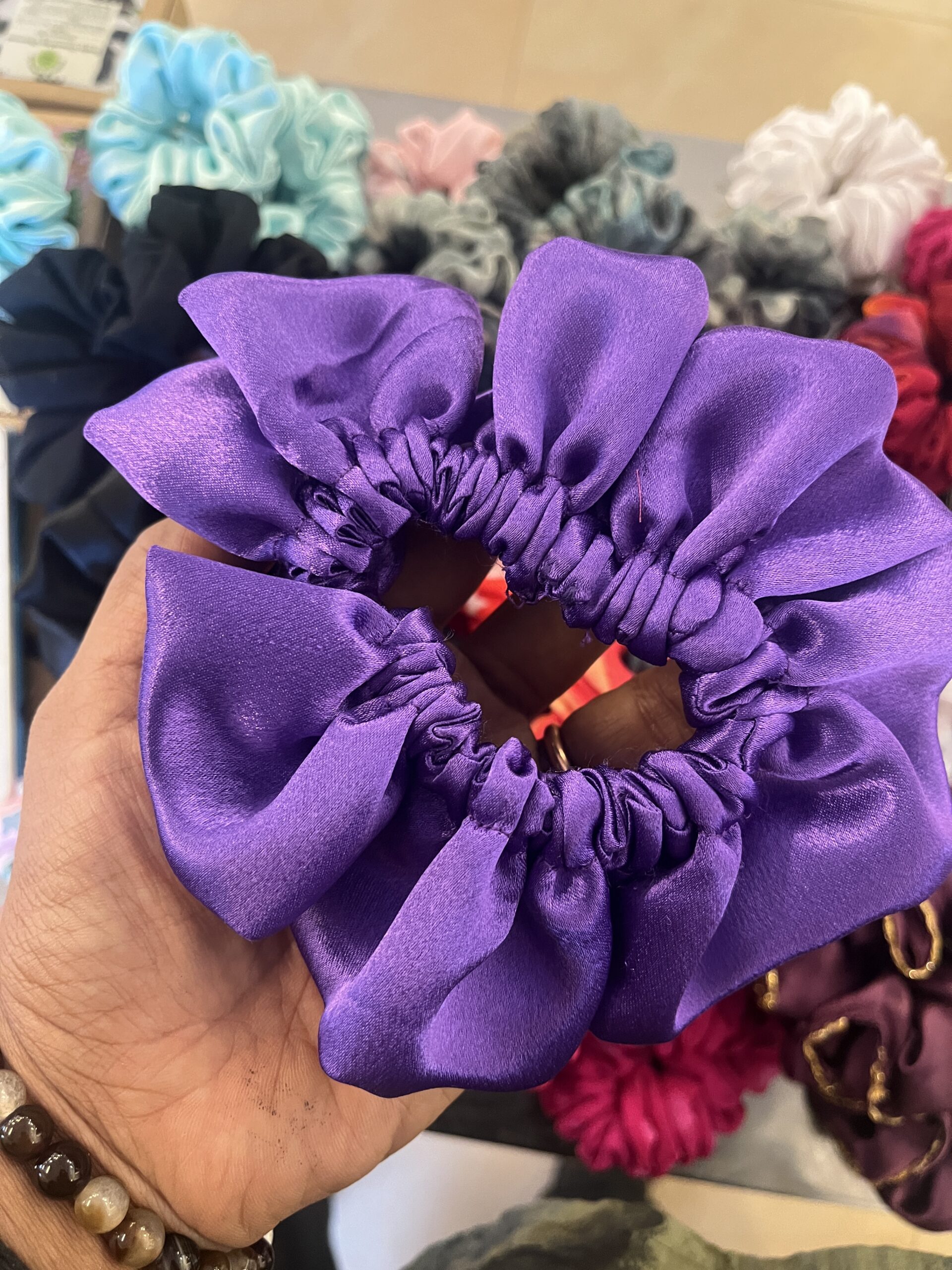 Purple satin scrunchie